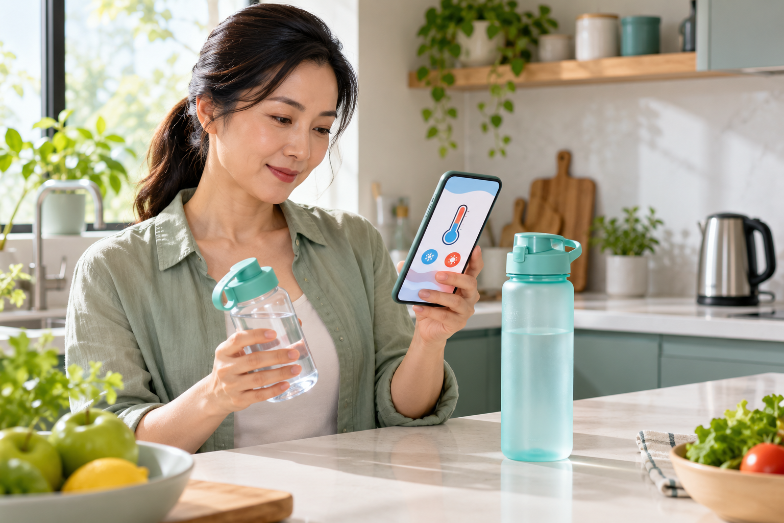 Ảnh minh họa mô phỏng người phụ nữ Việt kiểm tra hướng dẫn nhiệt độ trước khi dùng hai bình nước; không đại diện mẫu Tupperware thực tế