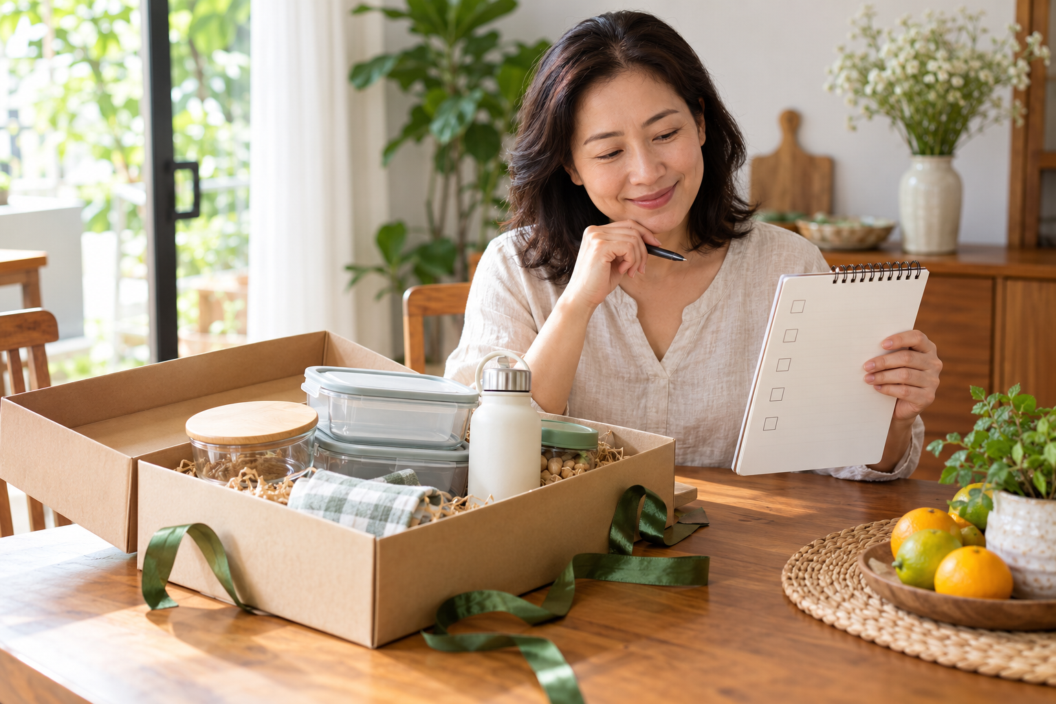 Ảnh mô phỏng người phụ nữ chọn hộp và bình làm quà gia dụng; không phải mẫu Tupperware thực tế
