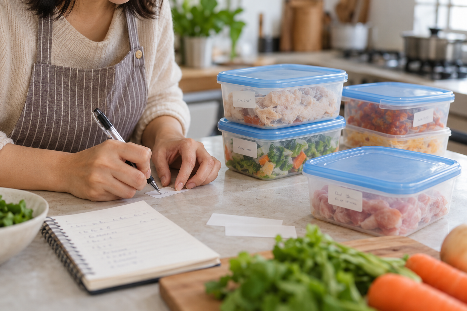 Ảnh mô phỏng thao tác ghi nhãn cạnh hộp trữ đông trong bếp gia đình Việt; không phải mẫu Tupperware thực tế