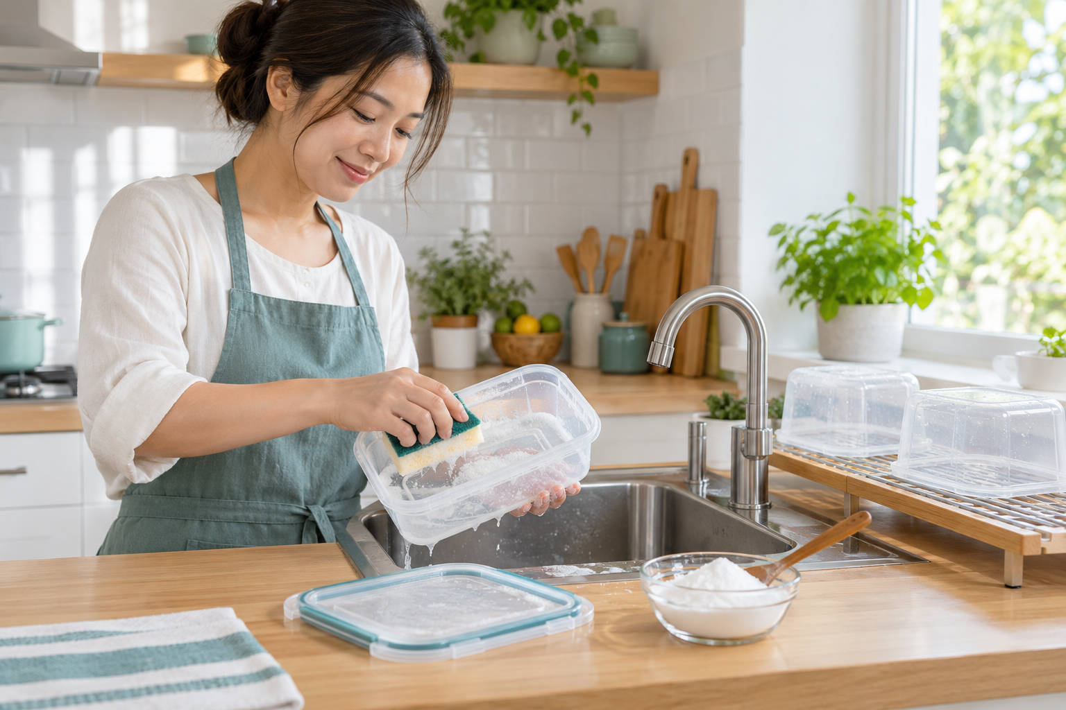 Ảnh minh họa mô phỏng người phụ nữ Việt vệ sinh hộp thực phẩm bằng miếng rửa mềm, cạnh bát baking soda và giá hong khô