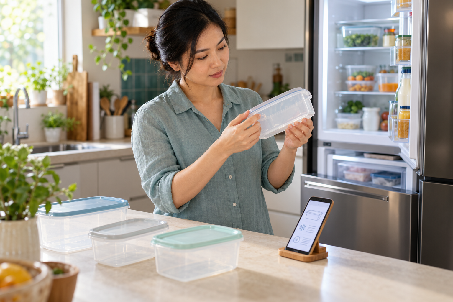 Ảnh mô phỏng người phụ nữ Việt kiểm tra hướng dẫn hộp thực phẩm cạnh tủ lạnh có ngăn mát và ngăn đông riêng