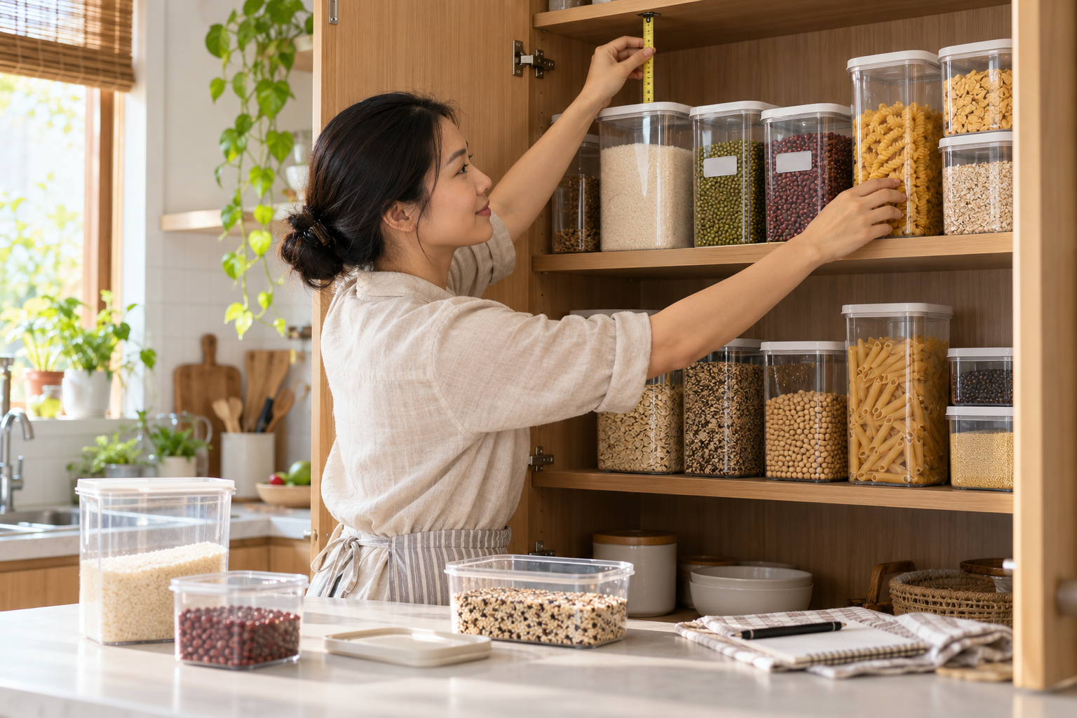 Ảnh minh họa mô phỏng phụ nữ Việt đo kệ và sắp xếp các hộp đựng đồ khô trong tủ bếp; không đại diện mẫu Tupperware thực tế