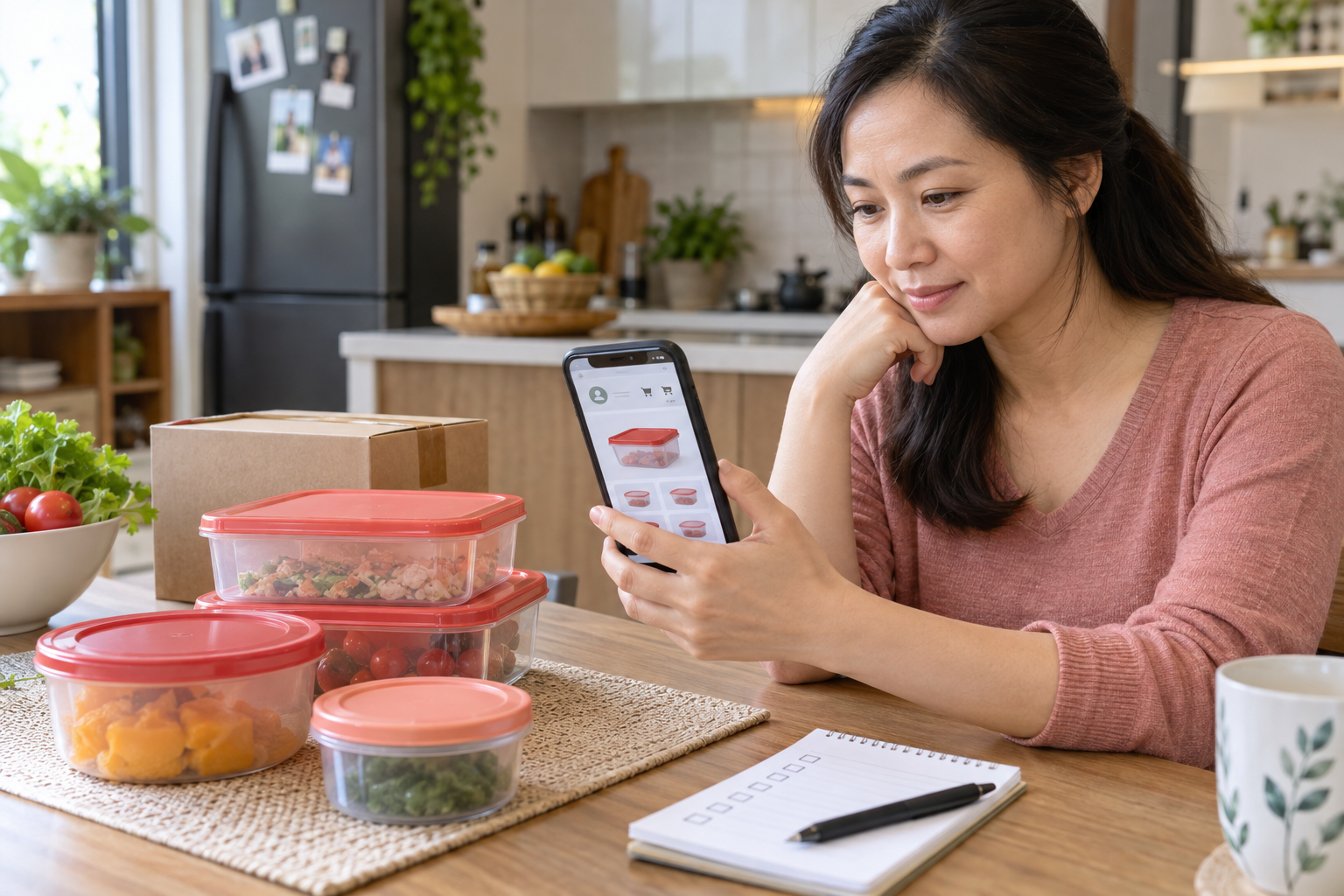 Ảnh minh họa người phụ nữ Việt kiểm tra thông tin người bán và sản phẩm trước khi mua Tupperware online; hộp trong ảnh không phải mẫu thực tế