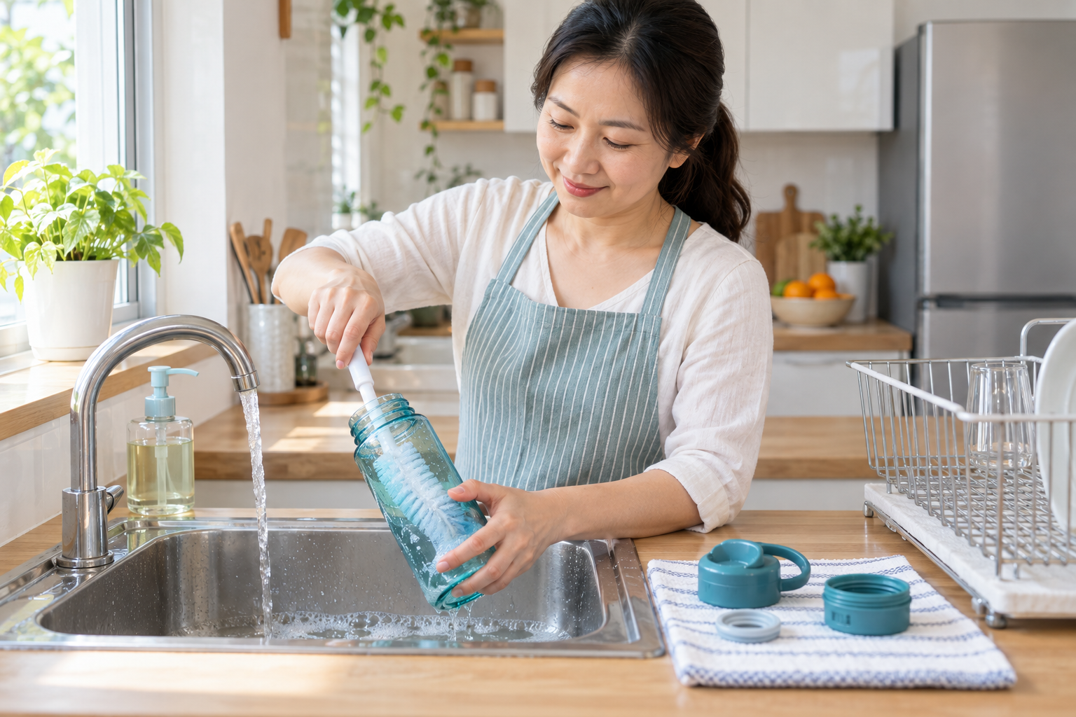 Ảnh minh họa người phụ nữ Việt vệ sinh bình nước, nắp và vòng đệm bằng bàn chải mềm trong căn bếp gia đình